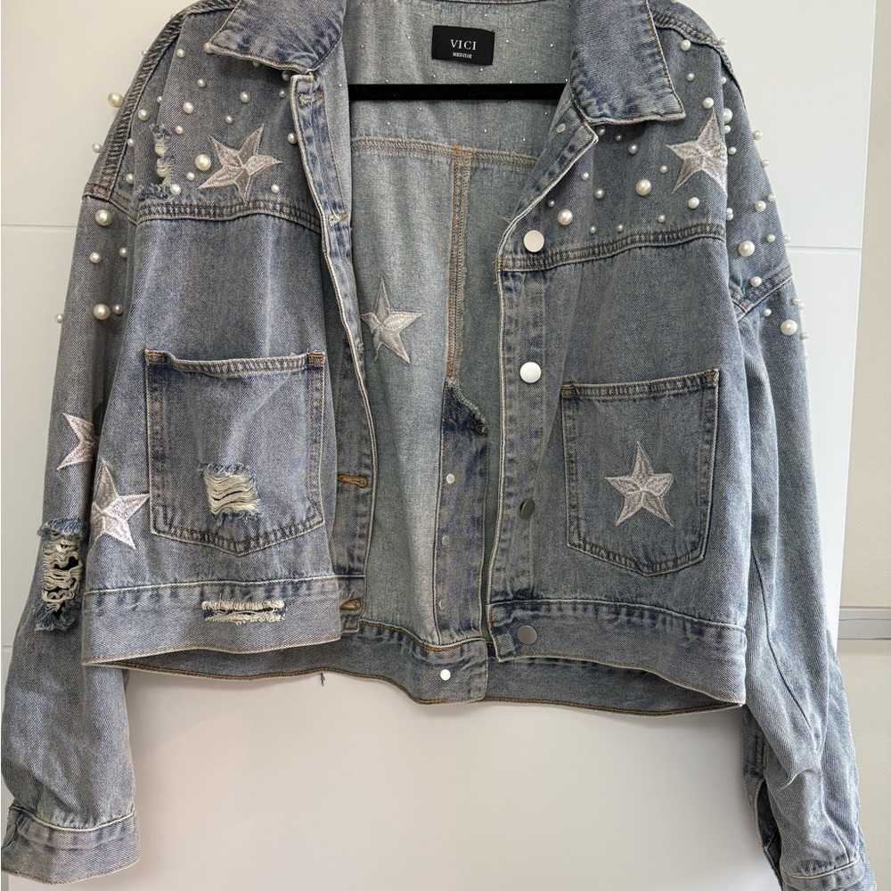 VICI Distressed Denim Jacket with Star and Pearl Details
